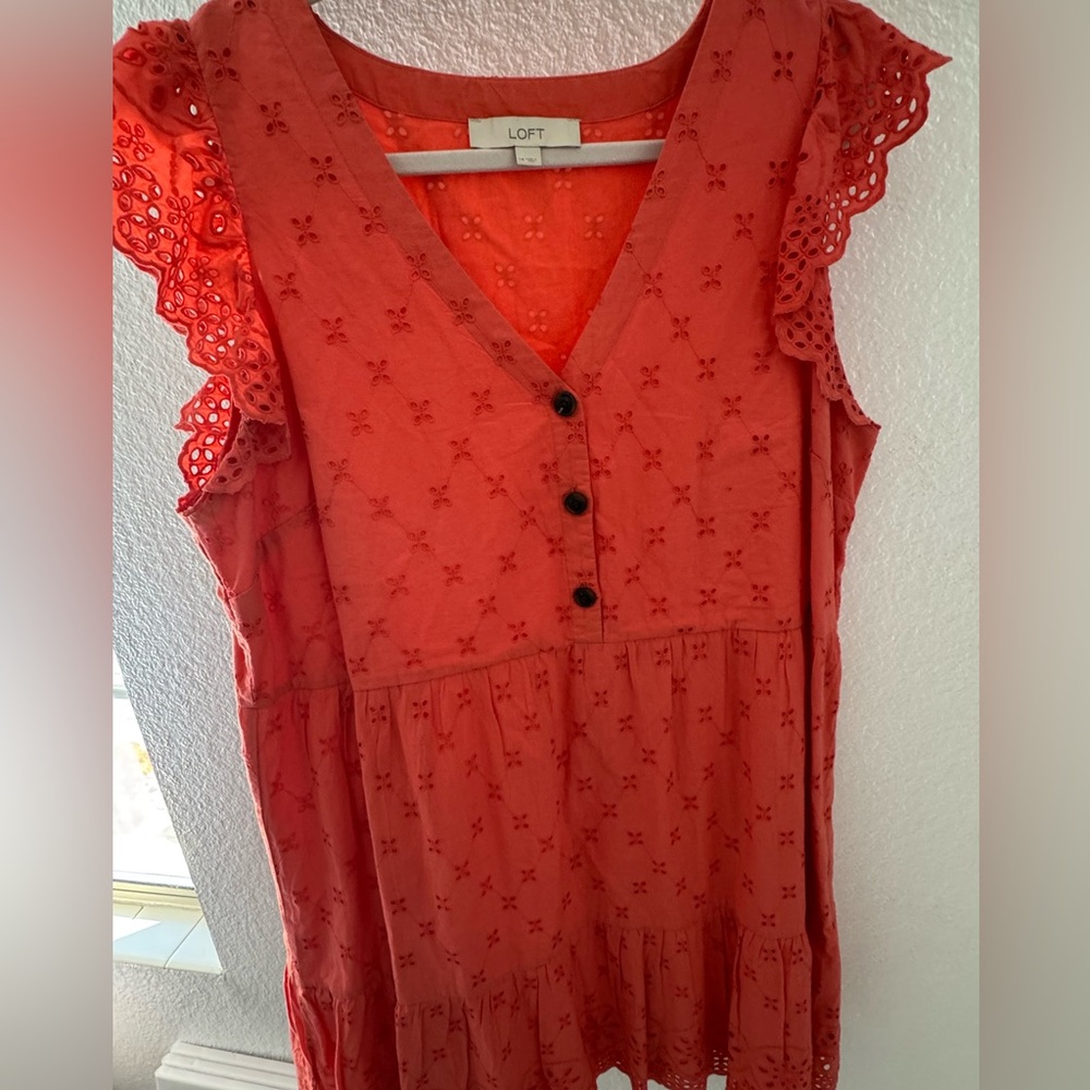 LOFT Ladies Orange Eyelet Sun Dress with Lace Sleeves SZ 14